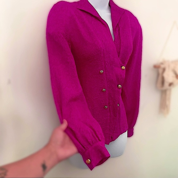 Vintage Silk Pink Button-Up Statement Shoulder Barbiecore Long Sleeve Blouse 10 - Picture 7 of 14